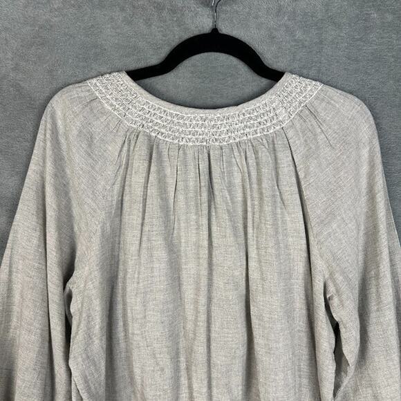 J Jill Top Womens Large Gray Embroidered Smocked 3/4 Length Sleeve Boho Preppy - Picture 6 of 14